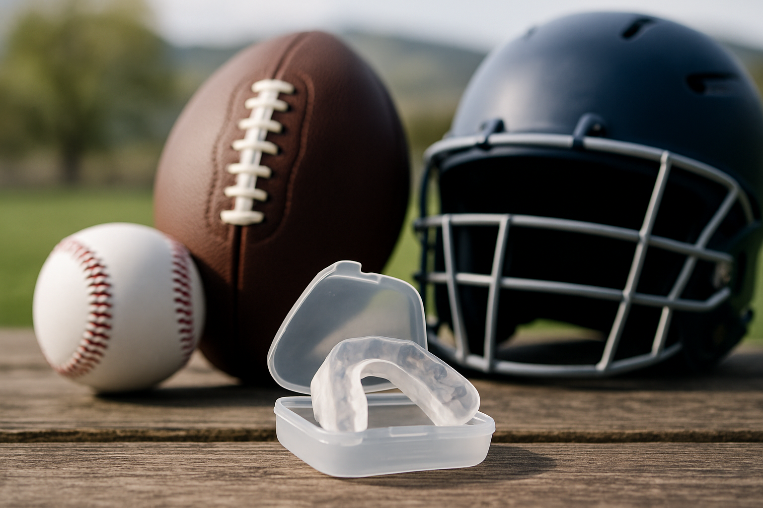 Close-up of different types of athletic mouthguards displayed side by side on a clean surface, showing boil-and-bite and custom-fitted options in various colors