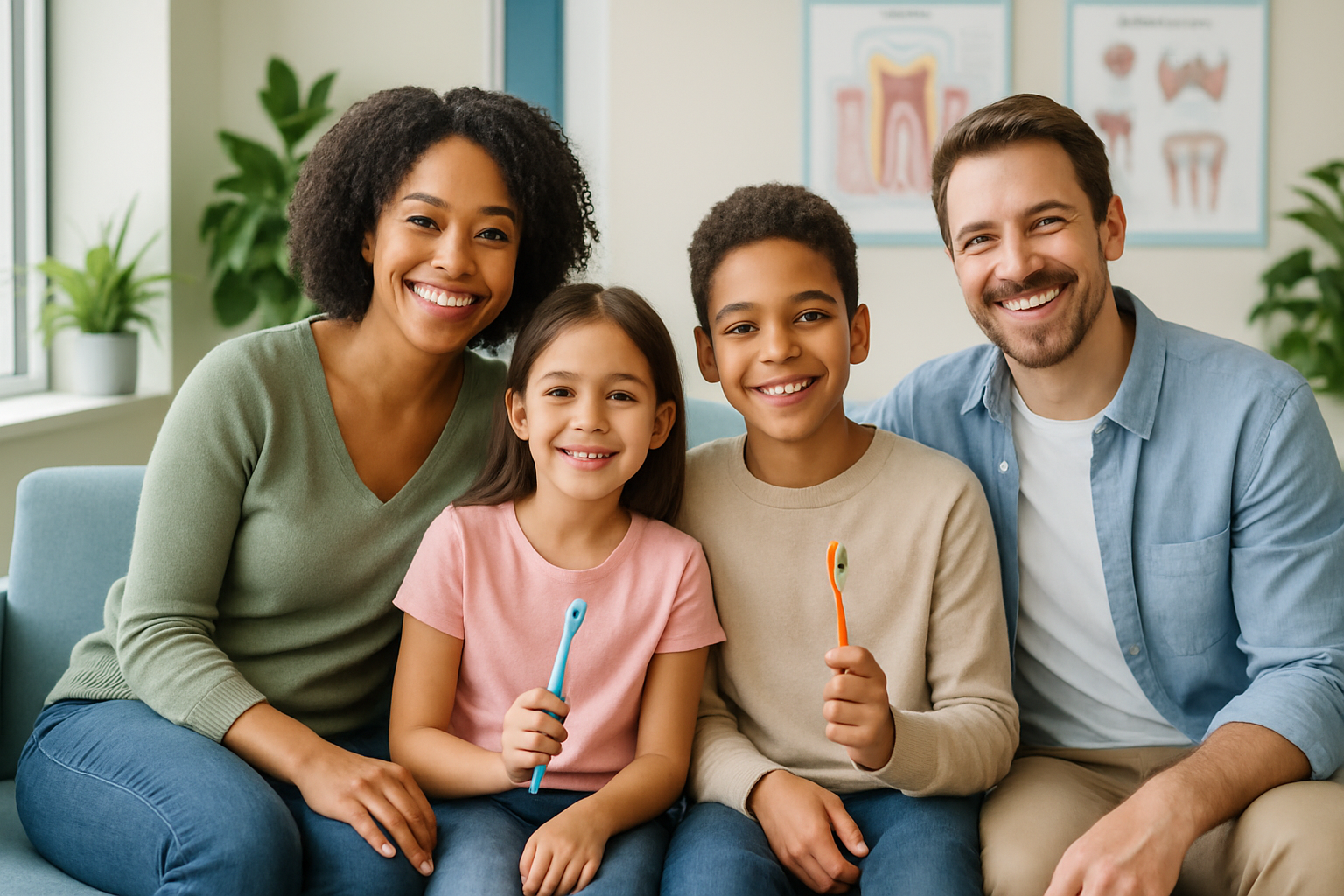 Happy family of parents and two children smiling together in a modern dental office waiting room, showing positive dental care experience