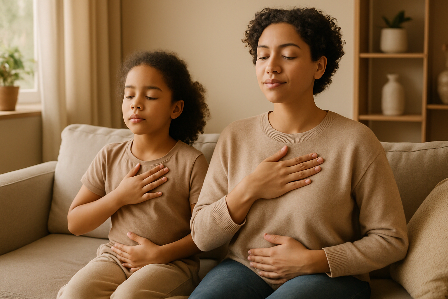 Parent and child practicing deep breathing exercises together in a calm, comfortable home environment