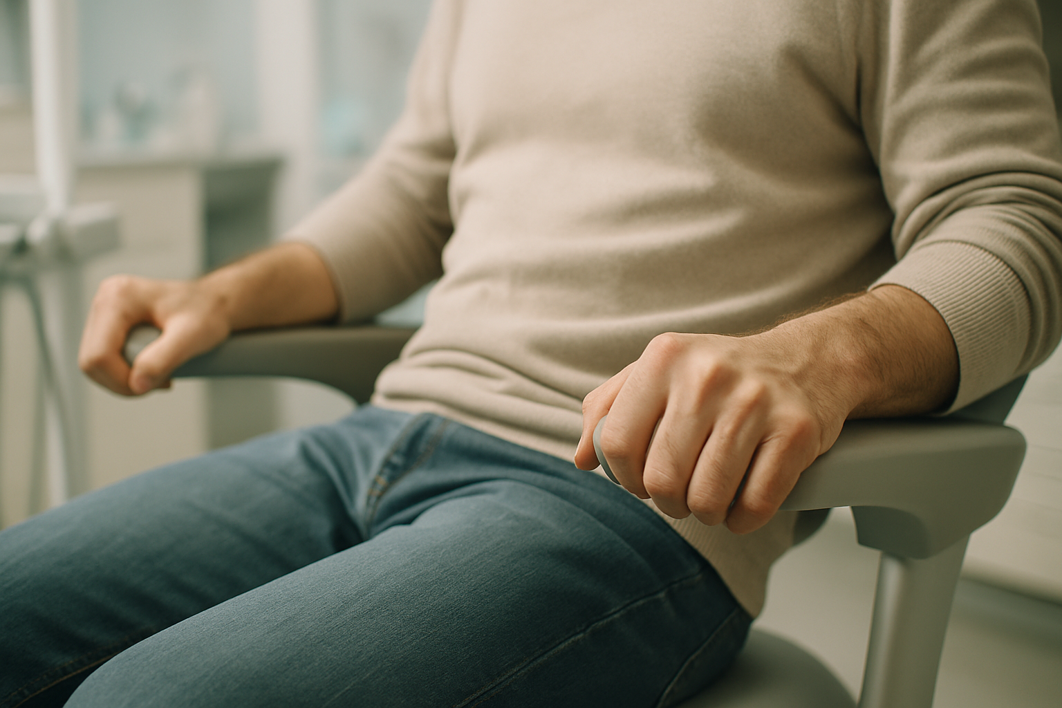 Adult sitting anxiously in dental waiting room looking worried and tense